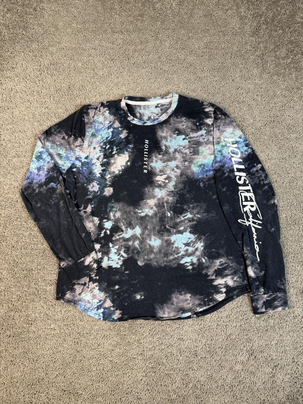 Hollister Shirt Mens M Black Tie Dye Graphic Crew Neck Long Sleeve Tagless